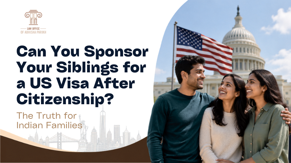 Blog graphic about sponsoring siblings for a U.S. visa after citizenship, featuring Indian family imagery, U.S. flag, and citizenship icons.