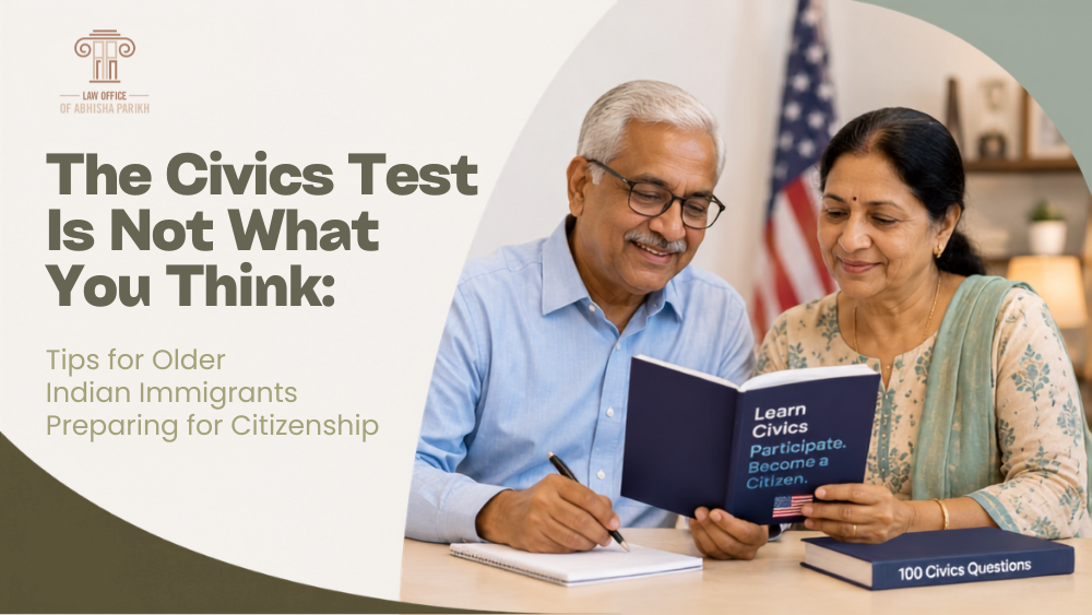 Older Indian couple studying for the U.S. citizenship civics test with a study book, notebook, and American flag in the background.