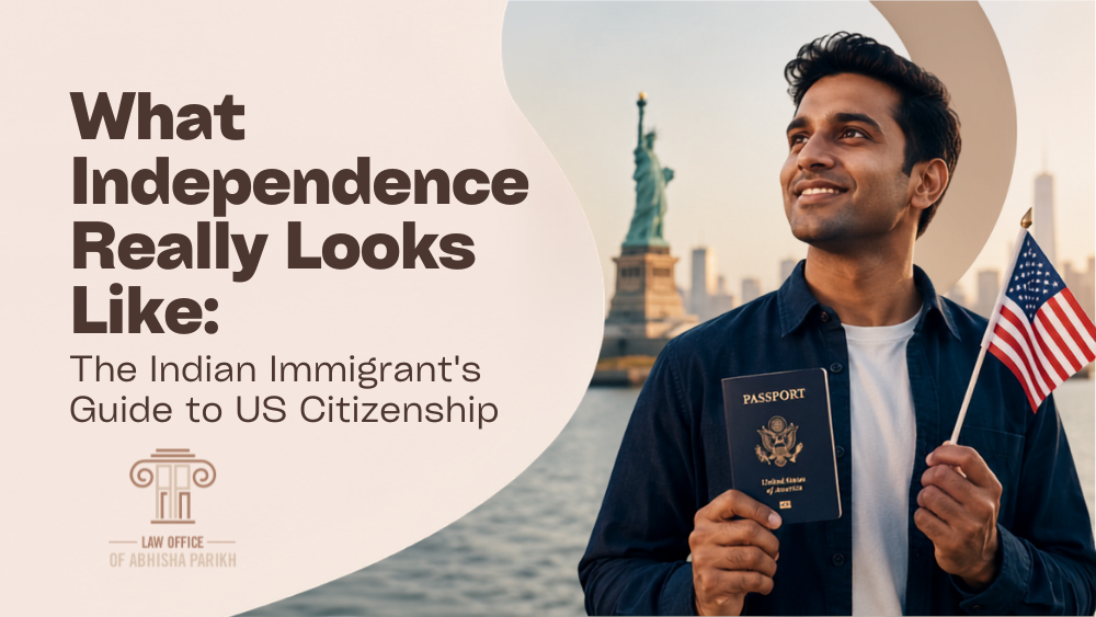 Indian immigrant holding a U.S. passport and American flag near the Statue of Liberty, promoting a guide to U.S. citizenship and independence.
