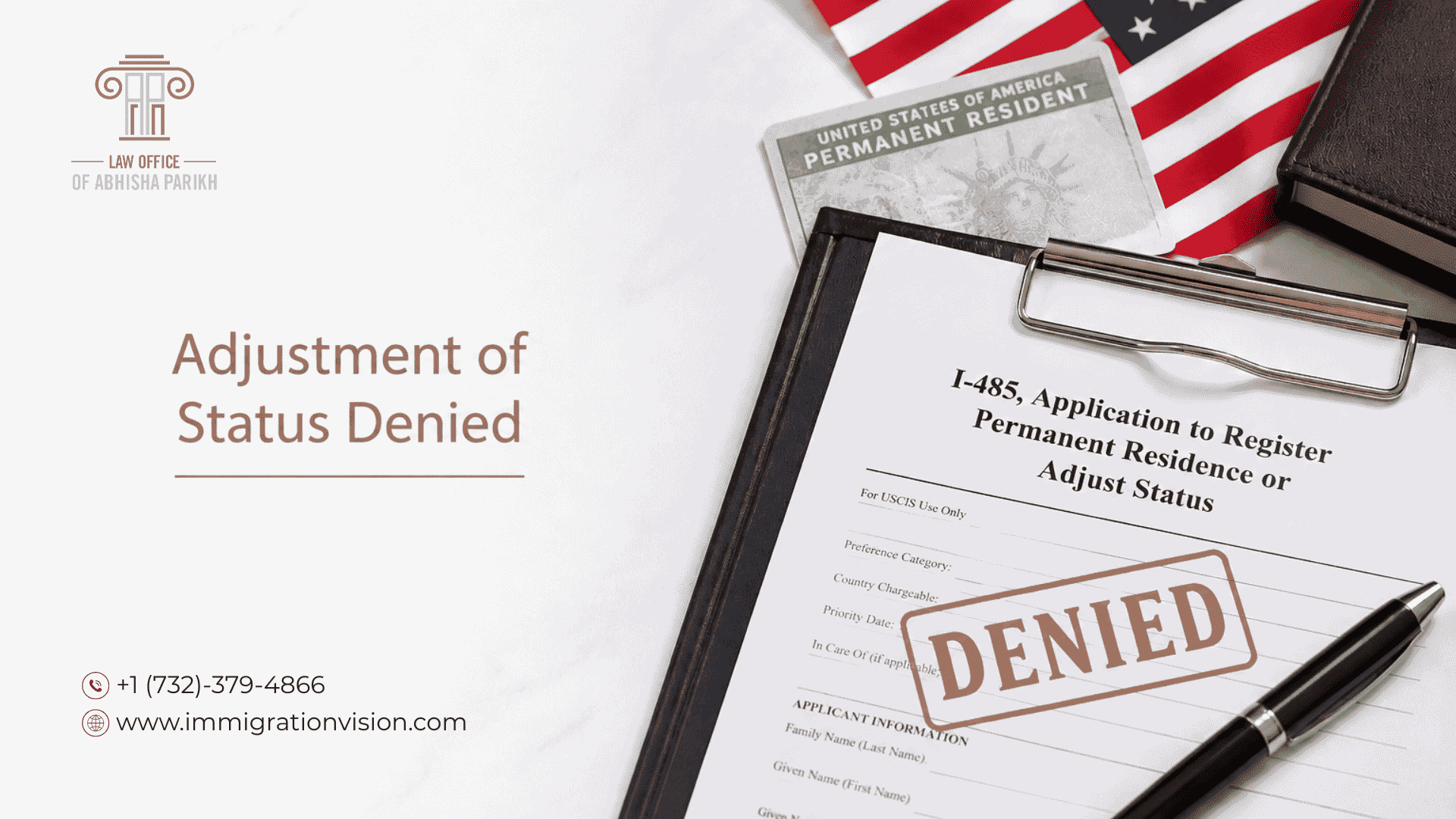 Adjustment of status denied notice with USCIS immigration documents and passport on a desk