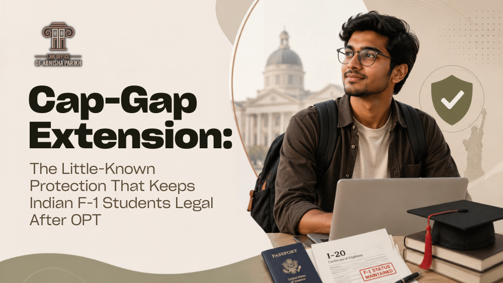 Indian F-1 student with a laptop, passport, I-20 form, and graduation cap representing the cap-gap extension that helps eligible students maintain legal status after OPT.