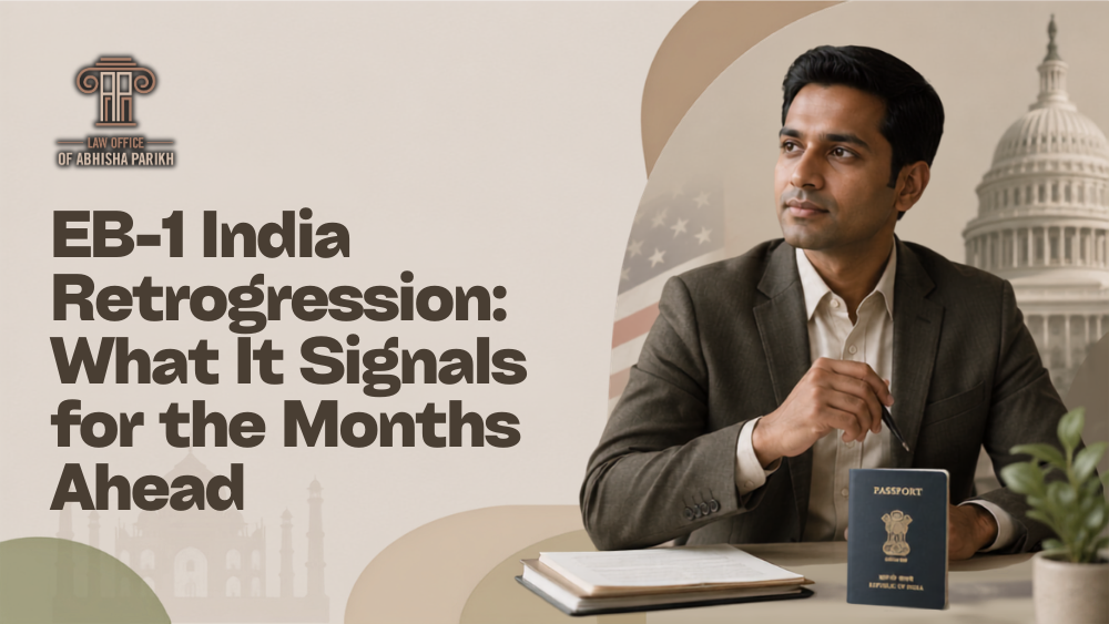Professional blog graphic for Immigration Vision about EB-1 India retrogression, featuring a businessman with an Indian passport and the headline “EB-1 India Retrogression: What It Signals for the Months Ahead.”