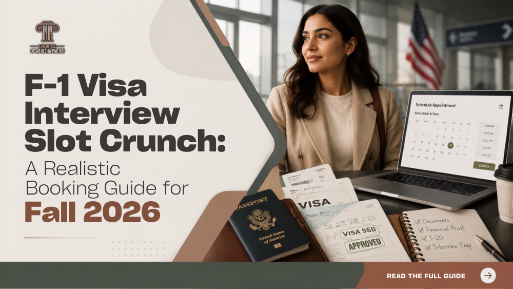 F-1 visa interview slot booking guide for Fall 2026 featuring an international student, passport, visa documents, appointment calendar, and interview preparation checklist.