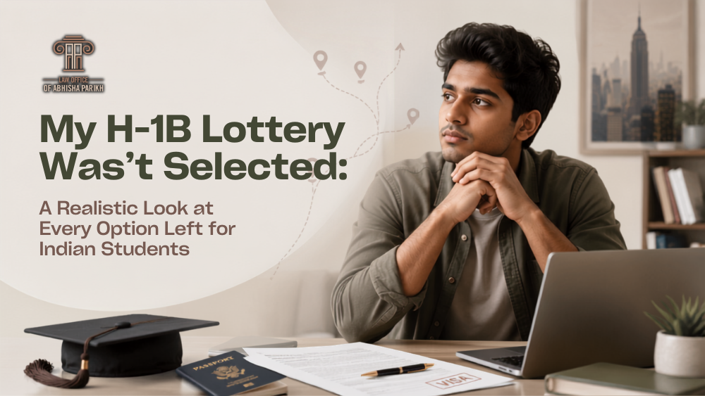 Indian student reviewing H-1B visa options after not being selected in the lottery, with a laptop, passport, graduation cap, and immigration documents.