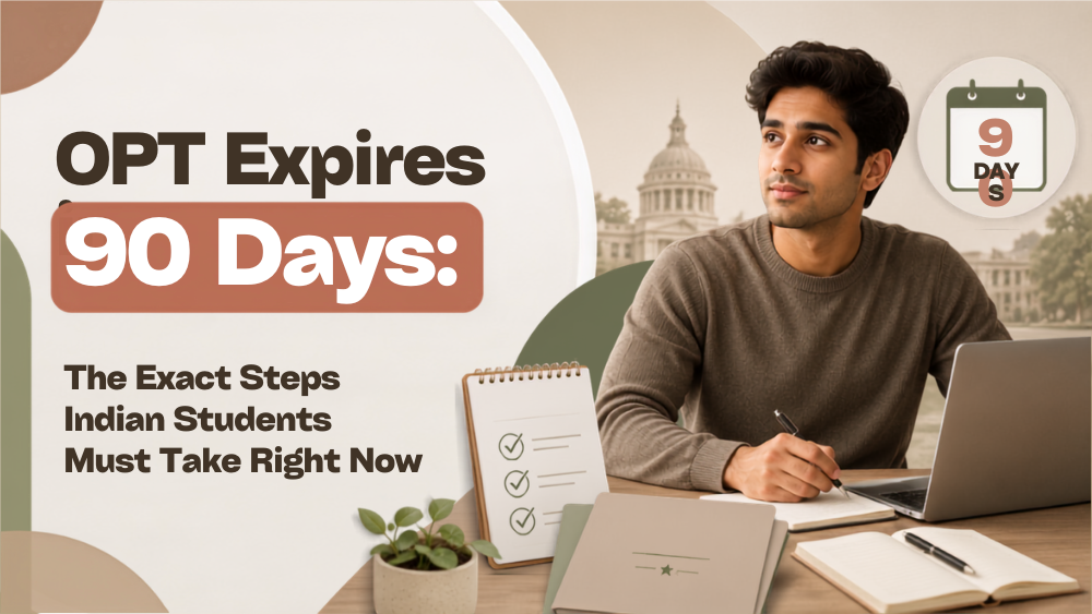 Indian student reviewing OPT documents with a 90-day countdown reminder, highlighting the urgent steps Indian students should take before OPT expires.