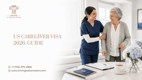 Foreign caregiver assisting an elderly person in the USA with documents for a caregiver work visa