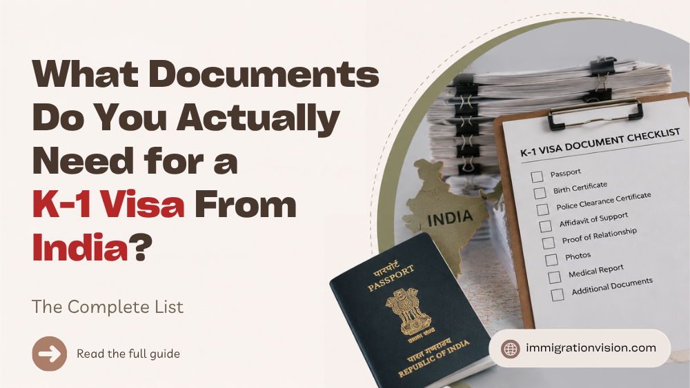 K-1 visa document checklist for Indian applicants featuring an Indian passport, immigration paperwork, and the headline "What Documents Do You Actually Need for a K-1 Visa From India? The Complete List."