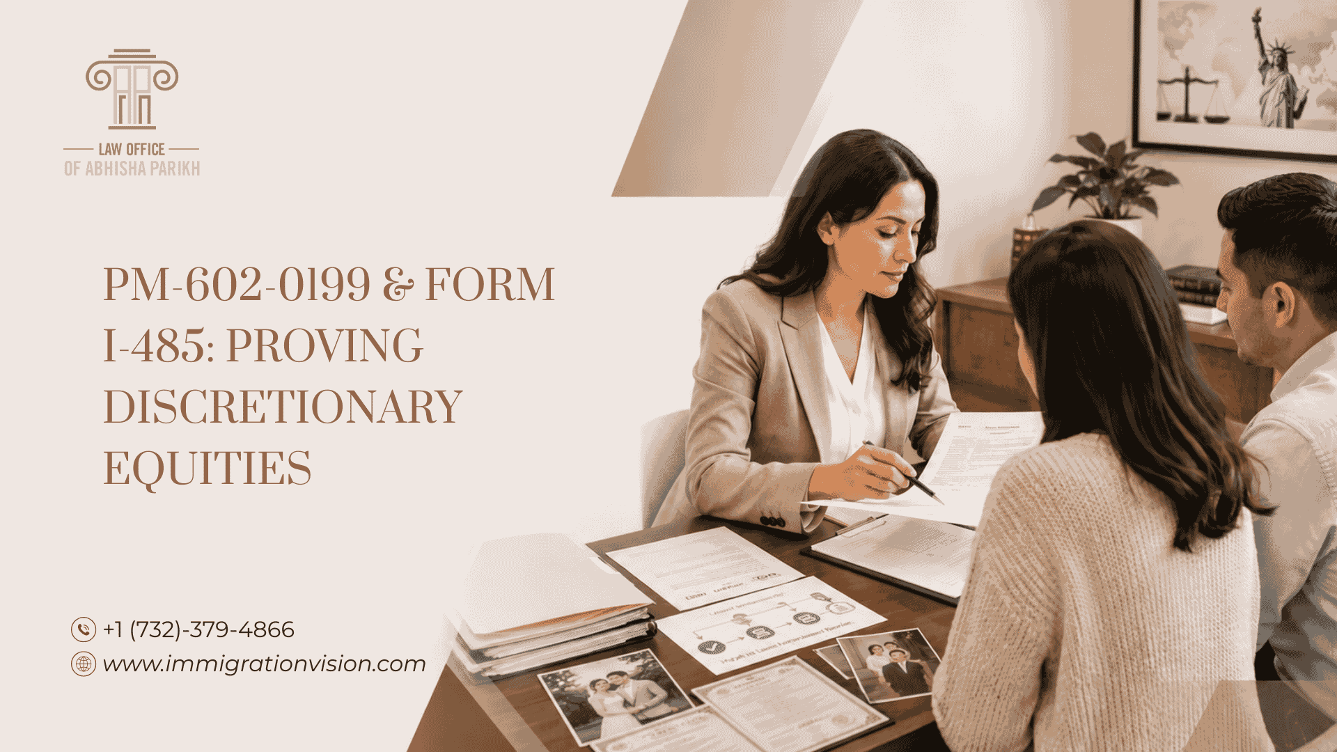 New Jersey immigration attorney reviewing Form I-485 documents and discretionary equities portfolio for a marriage-based green card application