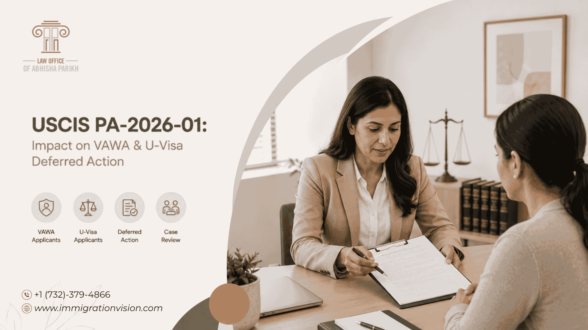 Specialized humanitarian immigration lawyer reviewing VAWA and U-visa deferred action documents under USCIS Policy Alert PA-2026-01