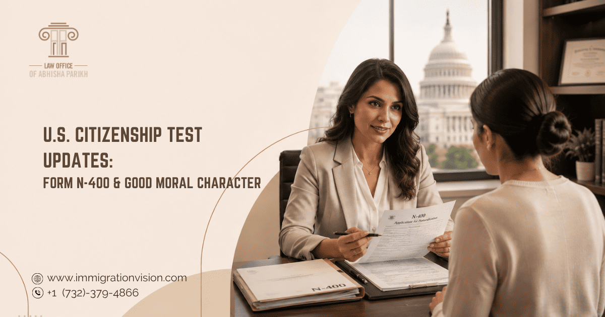 Permanent resident reviewing Form N-400 naturalization requirements and updated civics test study materials with an immigration attorney