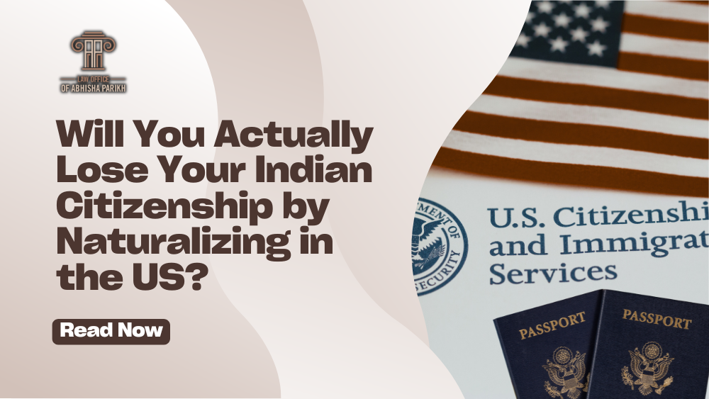 Indian passport beside U.S. citizenship documents and an American flag, illustrating Indian citizenship and U.S. naturalization.