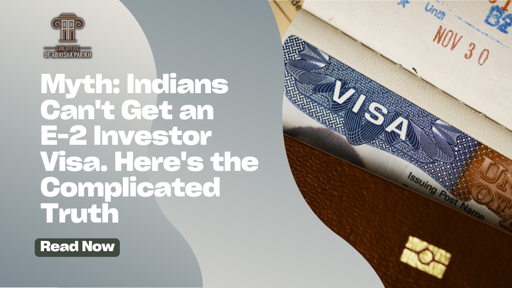 E-2 investor visa graphic explaining options for Indian nationals, featuring a U.S. visa inside a passport.