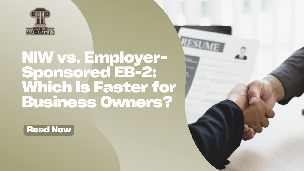 NIW vs. employer-sponsored EB-2 immigration graphic for business owners, featuring a professional handshake and resume.