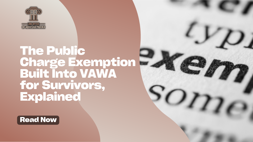 Close-up of a printed page with the word "exemption" in focus beside the title "The Public Charge Exemption Built Into VAWA for Survivors, Explained"